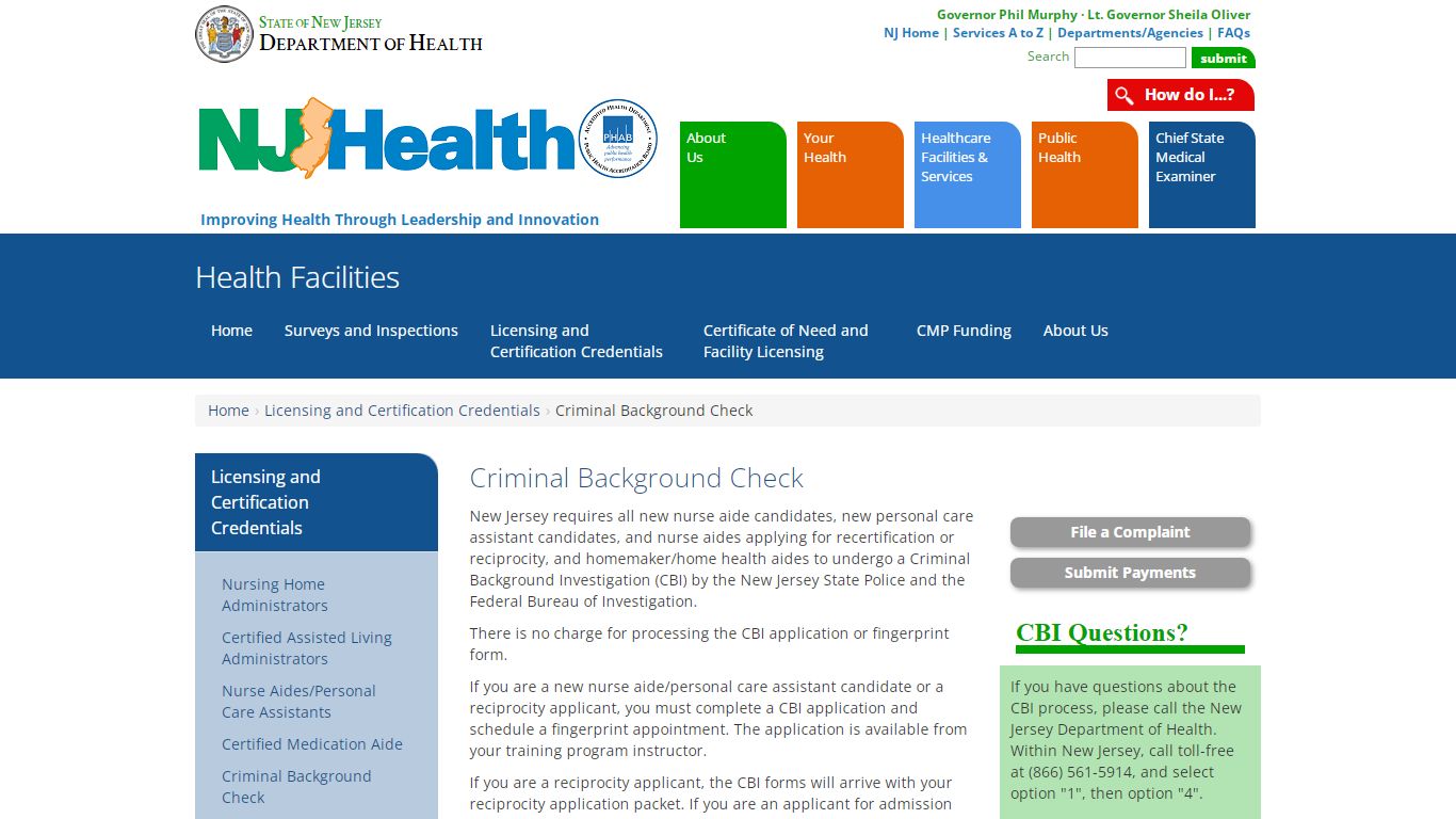 Department of Health | Health Facilities | Criminal Background Check