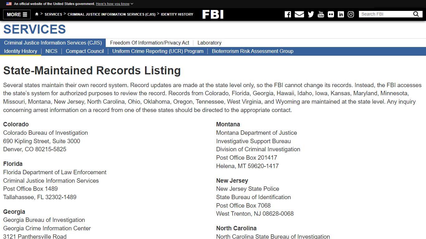 State-Maintained Records Listing — FBI